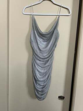 Luvalot Silver Metallic Cowl Neck Ruched Bodycon Mini Dress USA 6